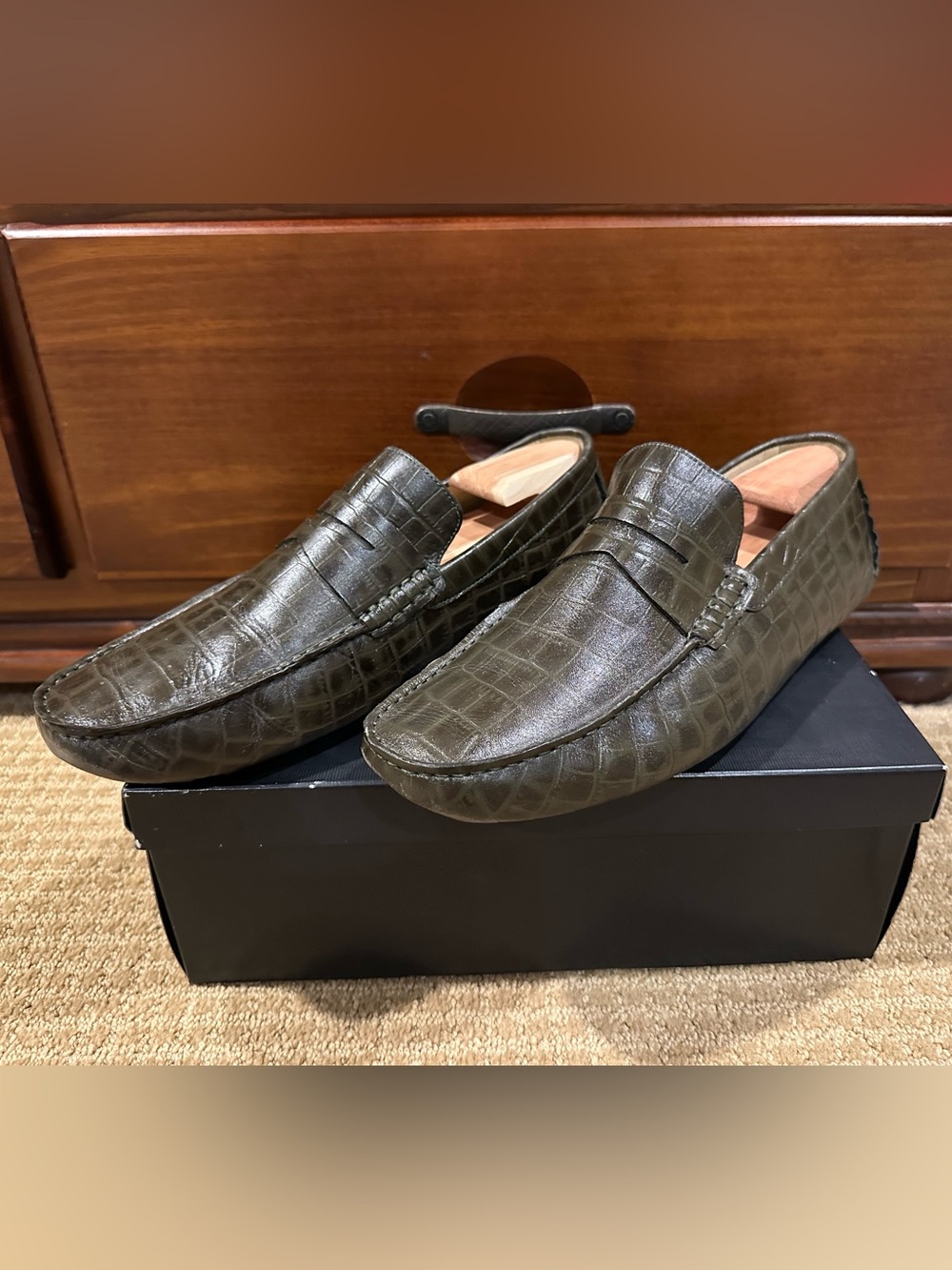 Saks Fifth Ave Black Label Men's Olive Croc-Embossed Leather Penny Loafers 11.5